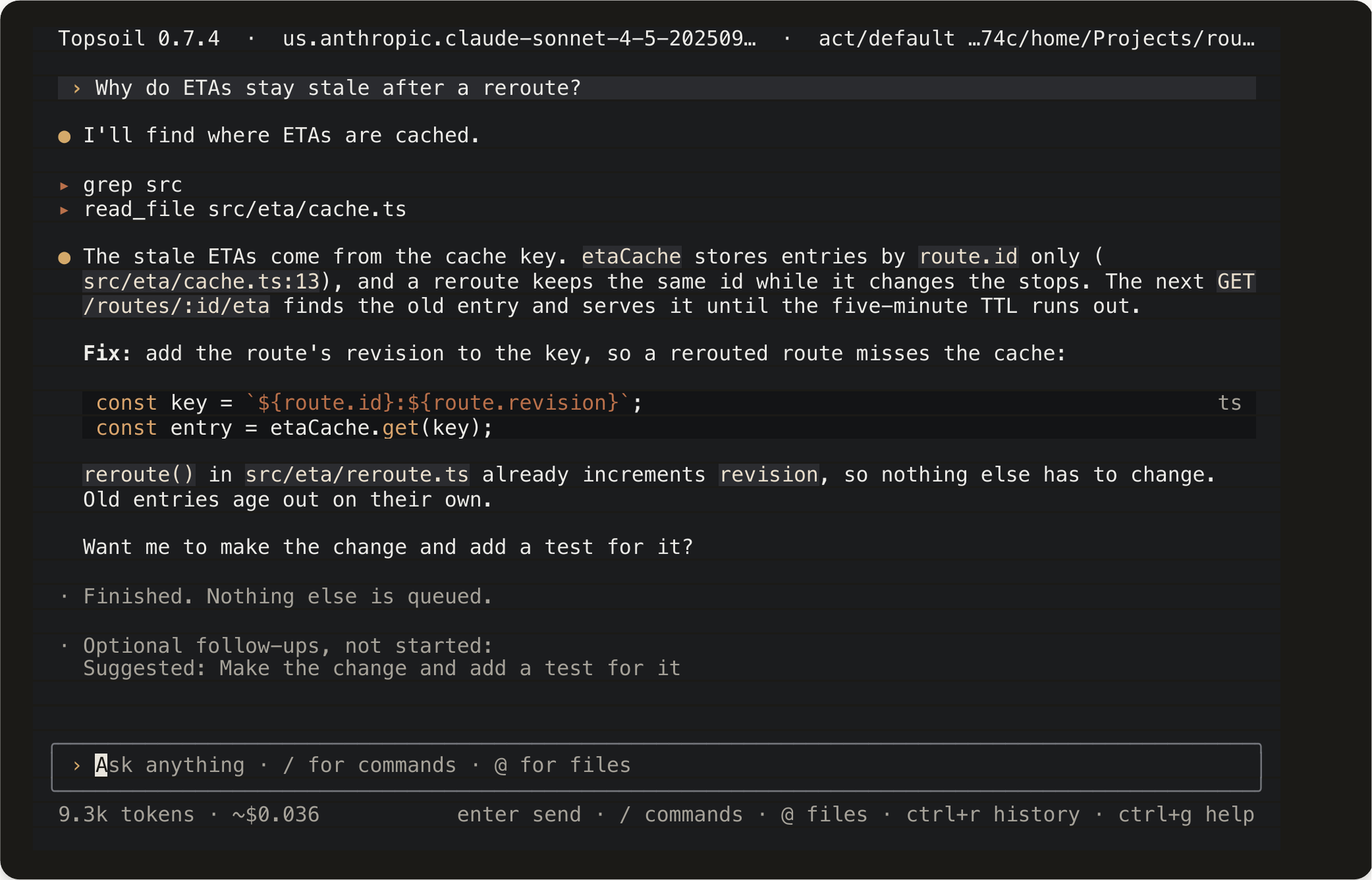 Topsoil in a terminal: it greps the source, reads src/eta/cache.ts, explains that the cache key is route.id only, and proposes adding the route revision to the key.